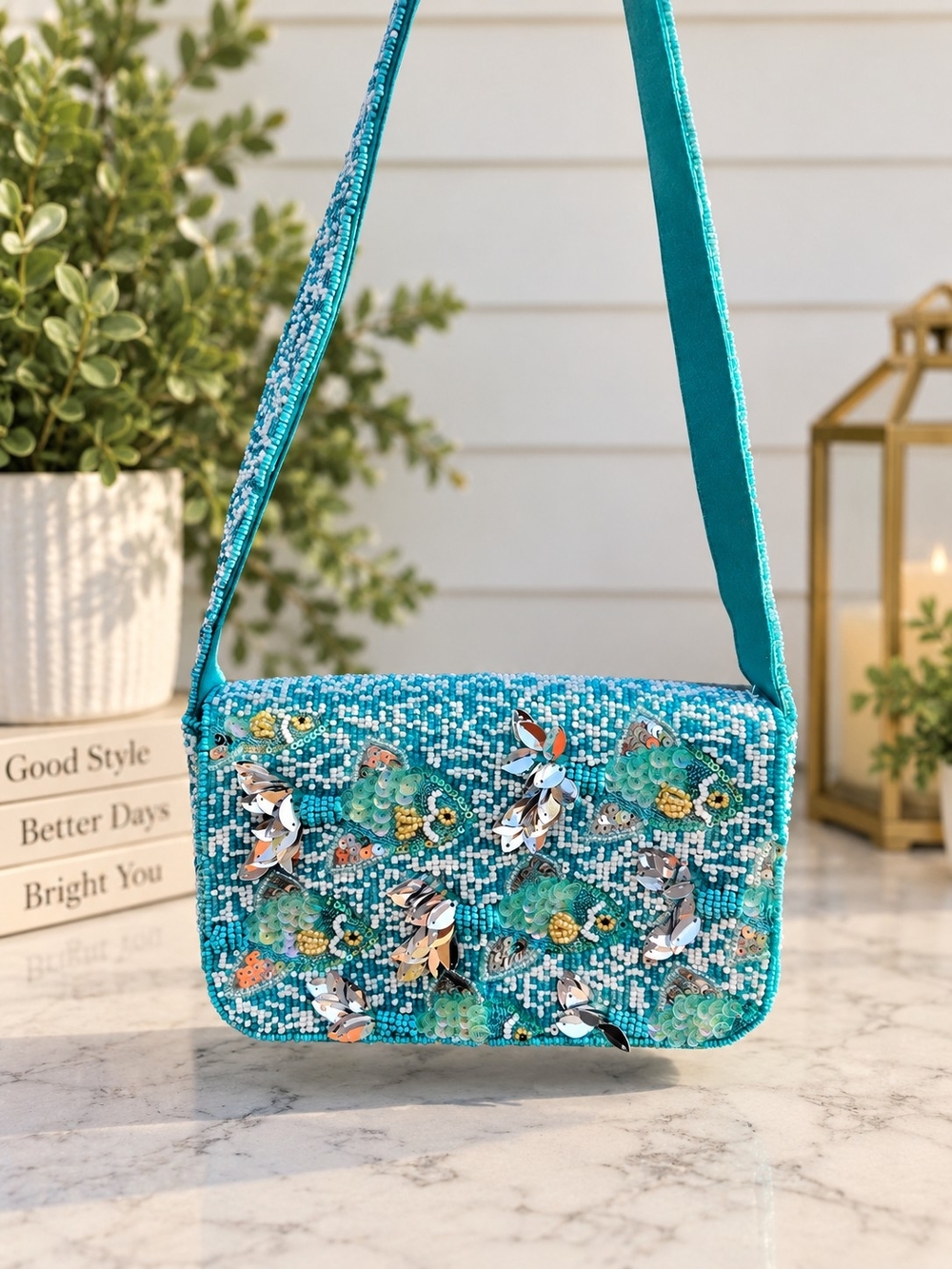 Handcrafted in India Turquoise Beaded Fish Crossbody Bag – New Without Tags